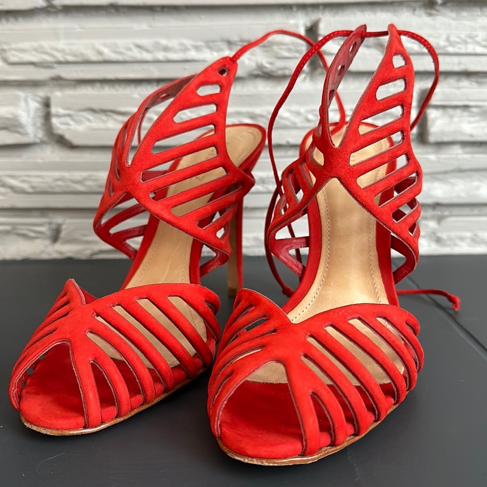 Gently Worn • SCHUTZ Burnt Red Strappy Peep Toe Pumps • Size 8.5B